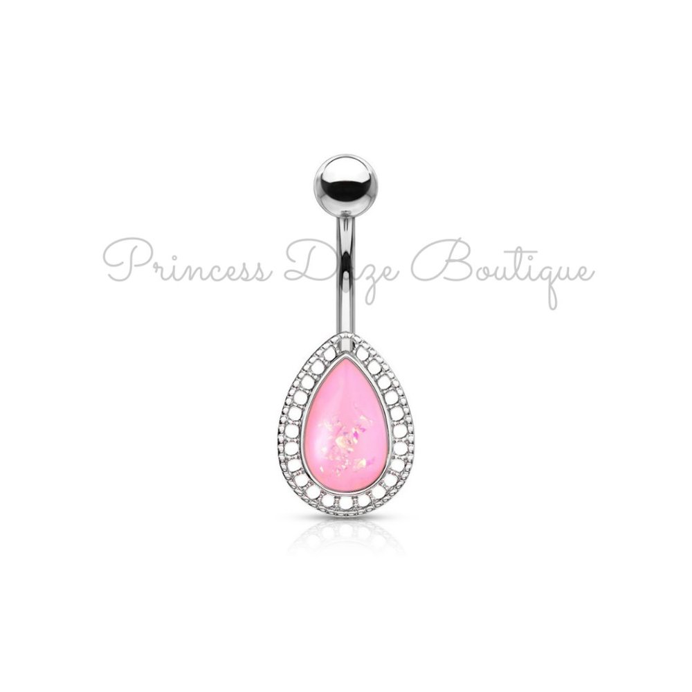 Pink Opal Tear Drop Belly Button Ring